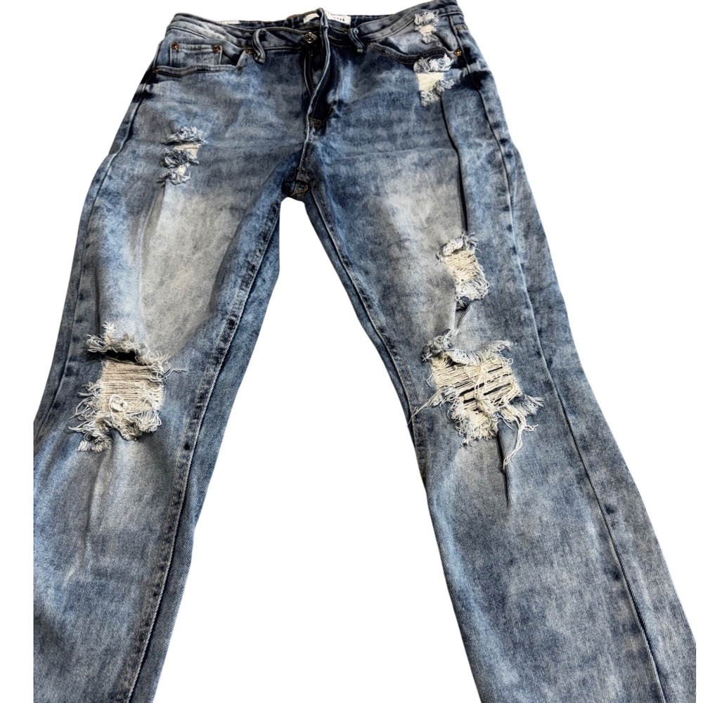 Almost‎ Famous Womens High Rise Acid Wash Distressed Mom Jeans Light Blue Size 5